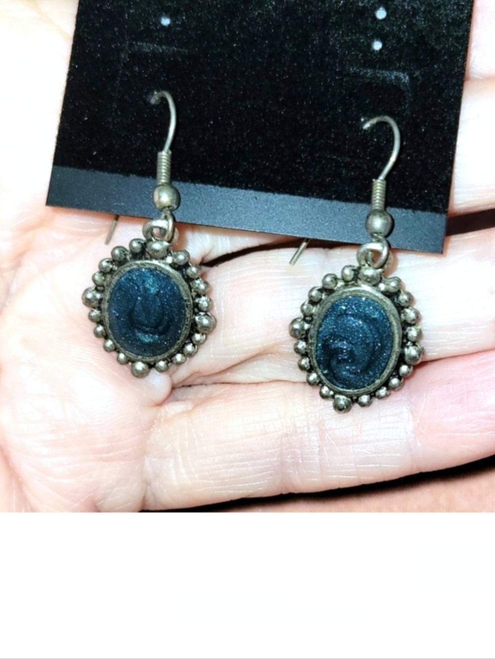 Ornate Pewter-tone Oval Dangle Earrings With Iridescent Blue Stones
